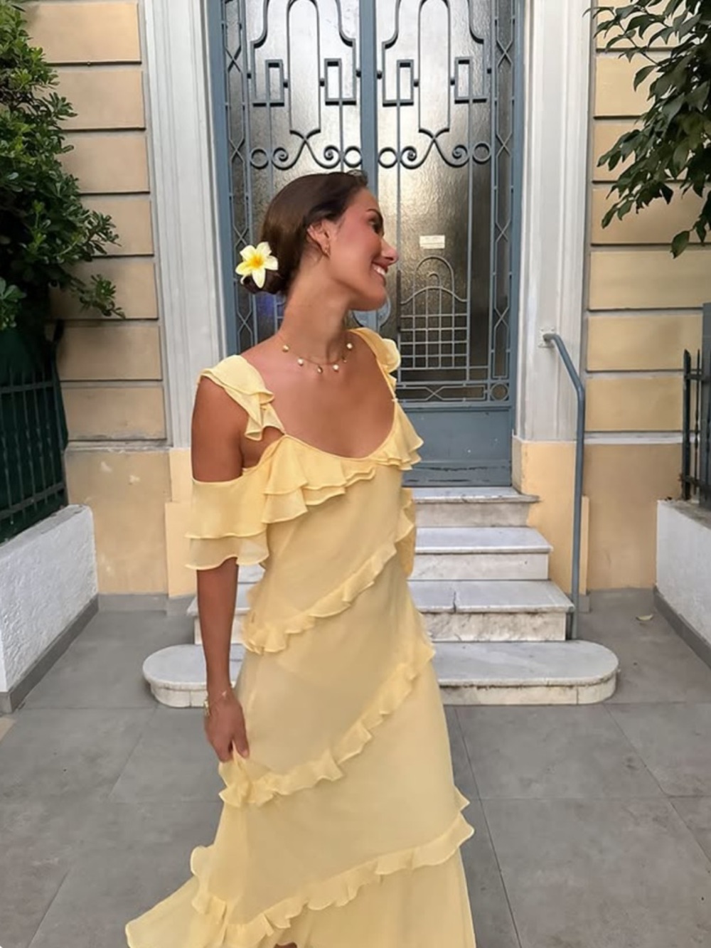 Zara Light Yellow Ruffle Cold-Shoulder Maxi Dress